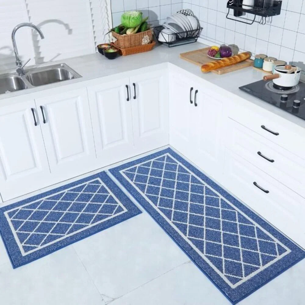 New Set of 2 Navy Blue Kitchen Rug, Washable, Non-Slip, Absorbent Floor Rugs